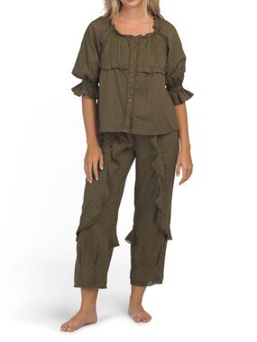 SAATVIK 2pc Cotton Cambric Boho Lounge Top And Pants Set